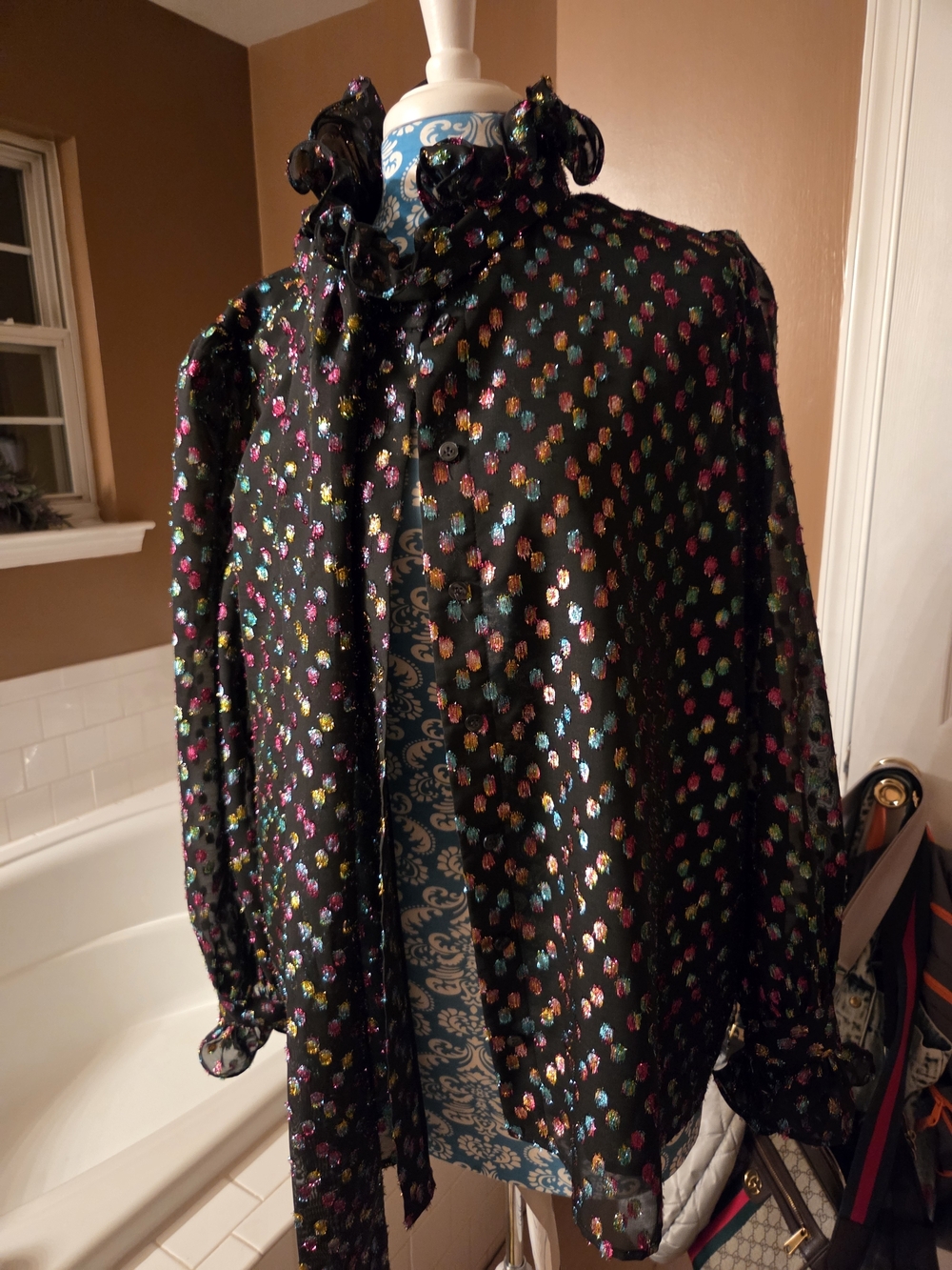 Halogen Black Ruffled Neck Floral Dot Blouse
